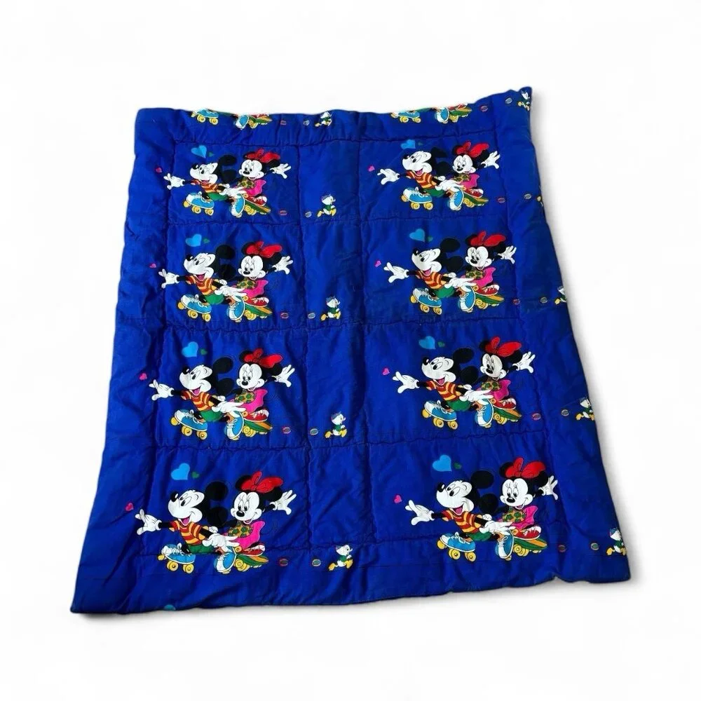 Vintage 90s Toddler Bed Blanket 40x47 Mickey Minnie Mouse Disney Gift Decor Blue